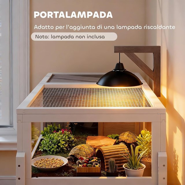 Casa de Tortugas Elevada con Divisor, Bandeja Extraíble y 2 Tapas, Tortuguera de Madera de Abeto y PS, 104X53X82 Cm, Gris y Blanco