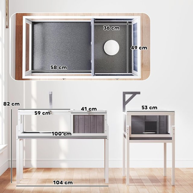 Casa de Tortugas Elevada con Divisor, Bandeja Extraíble y 2 Tapas, Tortuguera de Madera de Abeto y PS, 104X53X82 Cm, Gris y Blanco