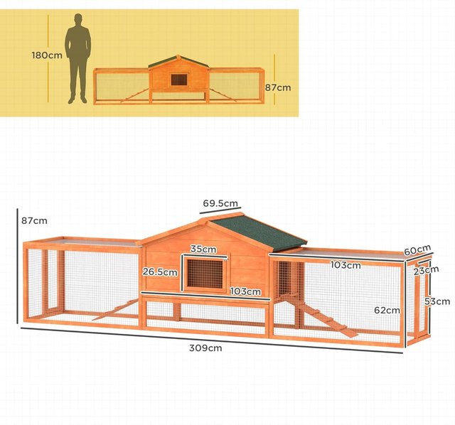 Conejera Exterior Con Casita Y 2 Recintos, Jaula para Conejos Y Pequeños Animales Con Rampas, 309X69.5X87Cm, Naranja
