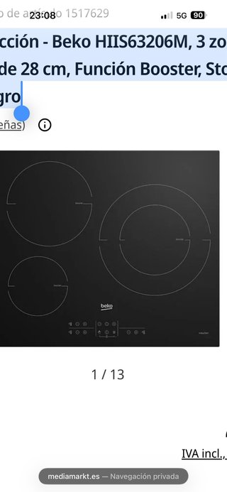 Placa Inducción Beko HIIS63206M 3 Zonas