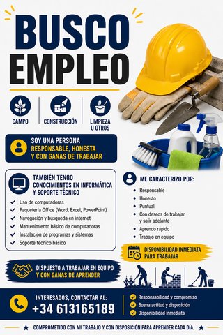 Busco empleo en campo, construcción, limpieza u ot