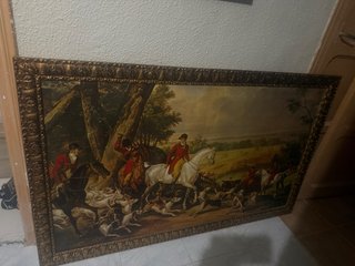 Cuadro antiguo al oleo de Caza Caballos Perros