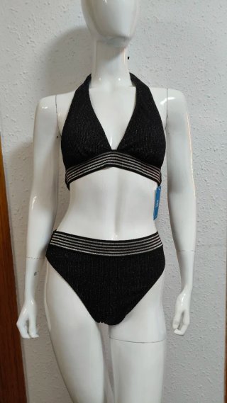 Bikini halter Negro Brillante con Rayas Plateadas