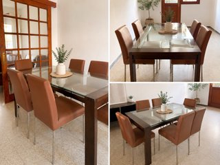 Mesa Comedor Cristal + 6 Sillas Piel Marrón