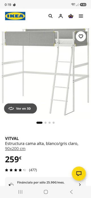 Cama alta IKEA VITVAL 90x200 cm