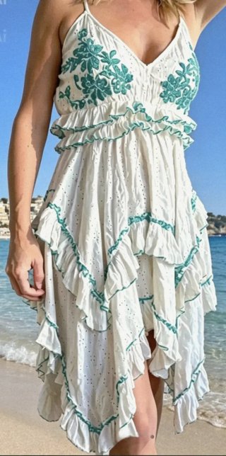 Vestido Boho Asimétrico Blanco y Verde agua marina