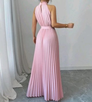 Vestido largo rosa plisado