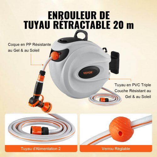 Carrello per Tubo Retrattile, Carrello per Tubo Acqua 20m x 1.3cm Montaggio a Parete Girevole 180°