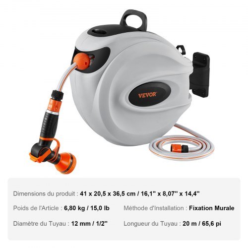 Carrello per Tubo Retrattile, Carrello per Tubo Acqua 20m x 1.3cm Montaggio a Parete Girevole 180°