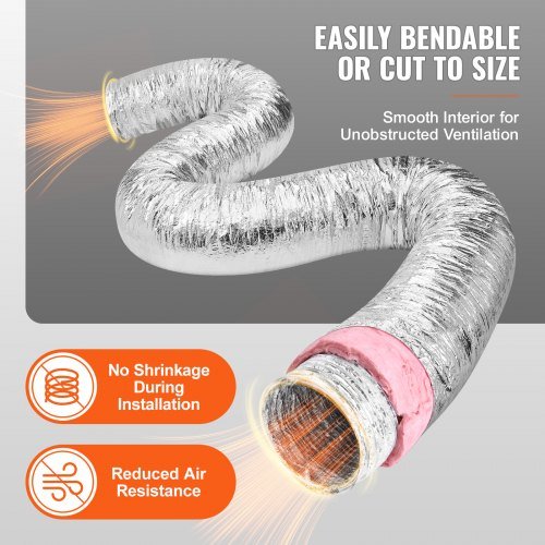 Tubo di ventilazione per asciugatrice, condotto flessibile isolato da 203,2 mm di 7,62 m di lunghezza con 2 fascette per condotti, protezione a tre strati ad alta resistenza per riscaldamento HVAC