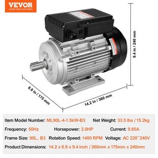 Motor Eléctrico de 1.5KW 1400 rpm, AC 220~240V 9.85A, 90L, Marco B3, Motor de Compresor de Aire Monofásico, Eje Con Diente de 24mm, Rotación CW/CCW para Maquinaria Agrícola y Equipos Generales