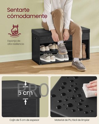Banco zapatero con cojín negro - Vasagle
