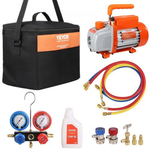 Bomba de Vacío AC de 186W (1/4 HP) 267 L/min (4.5 CFM) y Juego de Manómetro, Bomba de Vacío de Vane Rotativo de Una Etapa, Kit de Refrigerante A/C con Juego de Manómetro, con Bolsa de Transporte d...