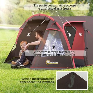 Tenda da Campeggio in Tunnel per 2-4 Persone con 2 Camere, Tenda Familiare per Escursionismo e Pesca Impermeabile 3000 mm con Fondo Rinforzato, Doppie Porte, Borsa di Trasporto, 360x250x130 cm...