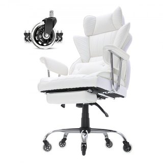 Silla de Oficina Reclinable con Reposapiés, Silla de Oficina Ancha de PU de Alta Resistencia, Sillas Ejecutivas Grandes y Altas con Soporte Lumbar, Base de Metal Fuerte, Ruedas Silenciosas, Blanca