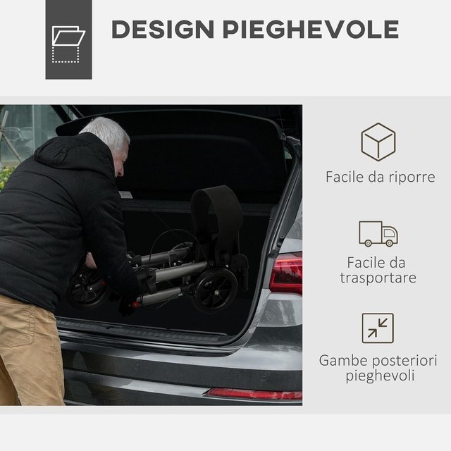Andador Plegable para Ancianos con Altura Ajustable, Andador con Asiento, 4 Ruedas, Frenos Dobles y Bolsa de Almacenamiento, Andador para Ancianos y Discapacitados en Aluminio, Negro