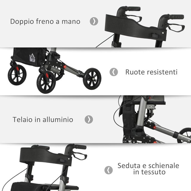 Andador Plegable para Ancianos con Altura Ajustable, Andador con Asiento, 4 Ruedas, Frenos Dobles y Bolsa de Almacenamiento, Andador para Ancianos y Discapacitados en Aluminio, Negro