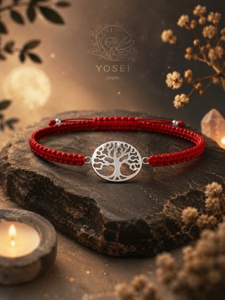 Pulsera Macramé Roja Árbol de la Vida Plata 925