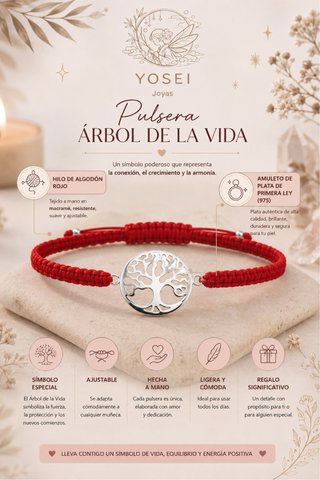Pulsera Macramé Roja Árbol de la Vida Plata 925