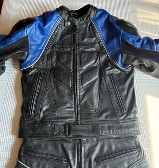 Traje de moto 2 piezas cuero azul y negro