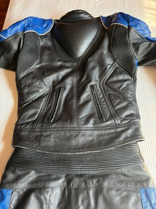 Traje de moto 2 piezas cuero azul y negro