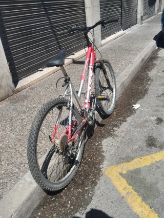 Bicicleta de montaña roja y plateada