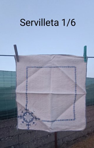 Mantel de lino bordado con 6 servilletas a juego.