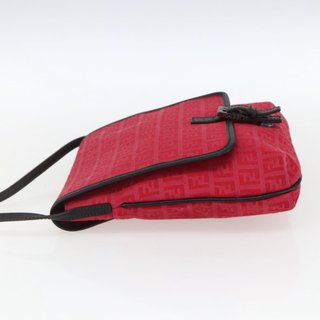 FENDI Zucchino Canvas Shoulder Bag Red Silver