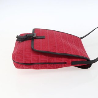 FENDI Zucchino Canvas Shoulder Bag Red Silver
