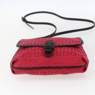 FENDI Zucchino Canvas Shoulder Bag Red Silver