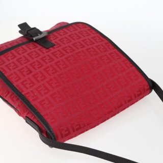 FENDI Zucchino Canvas Shoulder Bag Red Silver