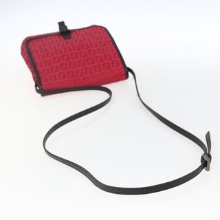 FENDI Zucchino Canvas Shoulder Bag Red Silver