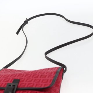 FENDI Zucchino Canvas Shoulder Bag Red Silver