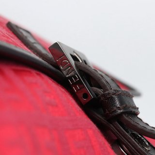 FENDI Zucchino Canvas Shoulder Bag Red Silver
