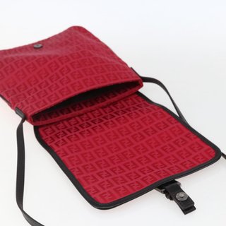 FENDI Zucchino Canvas Shoulder Bag Red Silver