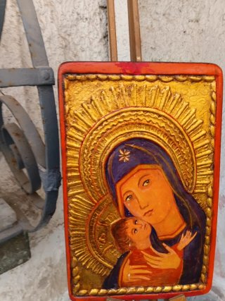 Antico dipinto su legno Madonna Bambino