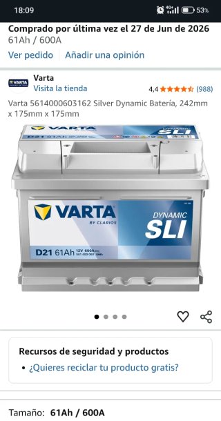 Batería Varta 61Ah / 600A (Sin usar)