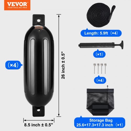 Defensas para Barcos, Defensores Inflables de 8.5" x 26" para Amarre, Fender Ribeteado Inflable con Agujeros Centrales, Bumper de Dock para Barcos Marinos con Bomba de Aire, 4 Agujas y 4 Cuerdas y...