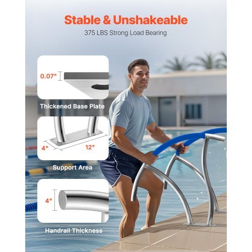 Pasamanos de piscina, riel de escalera de piscina de 30" x 30", 2 PCs de pasamanos de acero inoxidable para piscina con capacidad de carga de 375 lbs, riel de piscina con base de montaje rápido y ...