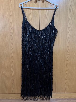 Vestido Joya Pronovias negro lentejuelas flecos 38