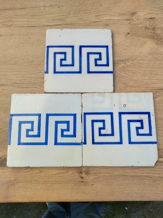 3 Azulejos Antiguos Griego Azul