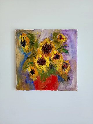 Dipinto ad olio materico Vaso di girasoli