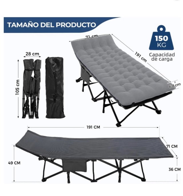 Cama Camping Plegable Gris y Negra