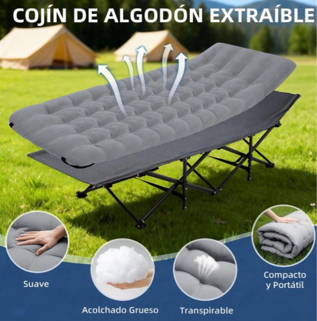 Cama Camping Plegable Gris y Negra