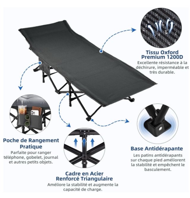 Cama Camping Plegable Gris y Negra