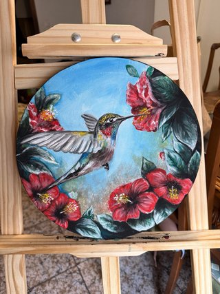Cuadro Pintado Colibrí y Flores