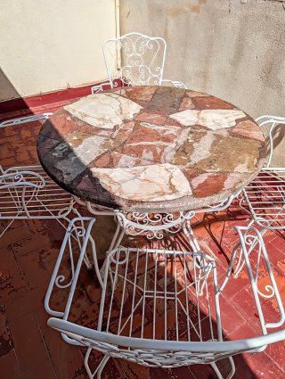 Mesa y 4 sillones forja terraza jardín