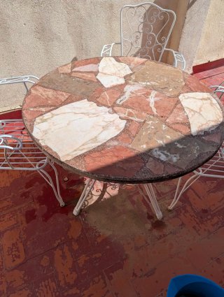 Mesa y 4 sillones forja terraza jardín