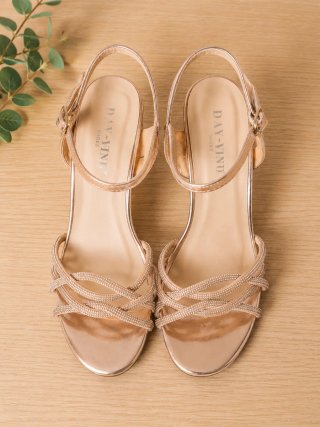 Sandalias Tacón Rosa Dorado Brillantes