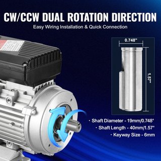 Motor Eléctrico de 0.75KW 2850 rpm, AC 220~240V 5.15A, Marco 80, B34, Motor de Compresor de Aire Monofásico, Eje Con Diente de 19mm, Rotación CW/CCW para Maquinaria Agrícola y Equipos Generales